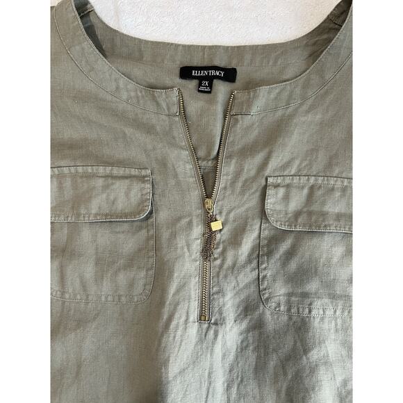 Linen Blouse Zip lagenlook Tunic 2X Roll Tab Short Sleeve sage , oxidized Gold - Picture 3 of 7